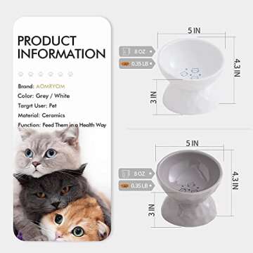 AOMRYOM Raised Cat Food Bowl, Ceramic Elevated Tilted Cat Bowls for Food and Water, Pet Bowl Dish Set for Cats and Small Dogs, Protect Cat's Spine, White & Grey, Set of 2