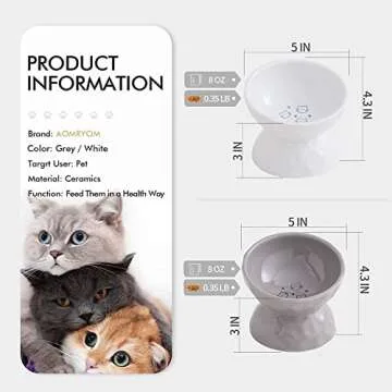AOMRYOM Raised Cat Food Bowl, Ceramic Elevated Tilted Cat Bowls for Food and Water, Pet Bowl Dish Set for Cats and Small Dogs, Protect Cat's Spine, White & Grey, Set of 2