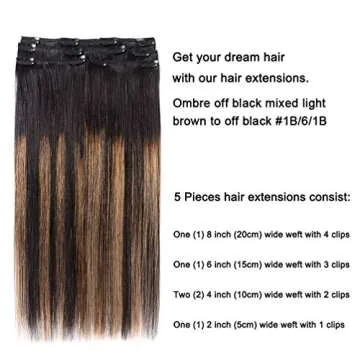 5 Pieces 12" Remy Clip in Hair Extensions Human Hair - Natural Black to Chestnut Brown Highlight Black Ombre Silky Straight Short Thick Real Hair Extensions for Women (12 inches, (1BT6) P1B, 60grams)
