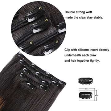 5 Pieces 12" Remy Clip in Hair Extensions Human Hair - Natural Black to Chestnut Brown Highlight Black Ombre Silky Straight Short Thick Real Hair Extensions for Women (12 inches, (1BT6) P1B, 60grams)
