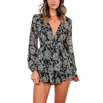 AIMCOO Women's Floral Print Deep V-Neck Romper Double Layer Ruffle Hem Jumpsuits Long Baggy Sleeves Waist Tie Short Rompers