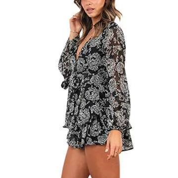 AIMCOO Women's Floral Print Deep V-Neck Romper Double Layer Ruffle Hem Jumpsuits Long Baggy Sleeves Waist Tie Short Rompers