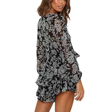 AIMCOO Women's Floral Print Deep V-Neck Romper Double Layer Ruffle Hem Jumpsuits Long Baggy Sleeves Waist Tie Short Rompers
