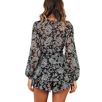 AIMCOO Women's Floral Print Deep V-Neck Romper Double Layer Ruffle Hem Jumpsuits Long Baggy Sleeves Waist Tie Short Rompers