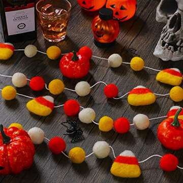 2 Pieces Thanksgiving Felt Balls Banner Candy Corn Felt Ball Garland Orange Yellow White Felt Pom Pom Garland Thanksgiving Party Hanging Garland for Fall Party Home Decor, 71 Inch