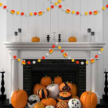 2 Pieces Thanksgiving Felt Balls Banner Candy Corn Felt Ball Garland Orange Yellow White Felt Pom Pom Garland Thanksgiving Party Hanging Garland for Fall Party Home Decor, 71 Inch