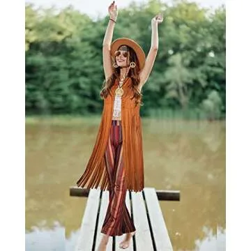 Haysandy 7 Pcs 60s 70s Outfits for Women Mardi Gras Cosplay Set Carnival Hippie Costume Set Fringe Vest Flared Pant Peace Sign(S)