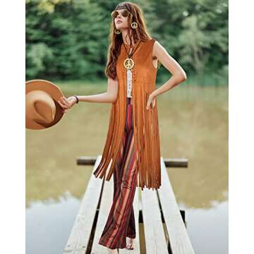 Haysandy 7 Pcs 60s 70s Outfits for Women Mardi Gras Cosplay Set Carnival Hippie Costume Set Fringe Vest Flared Pant Peace Sign(S)
