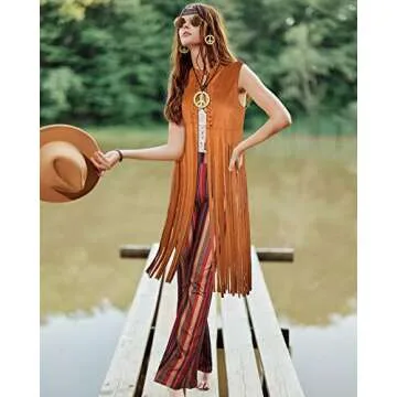 Haysandy 7 Pcs 60s 70s Outfits for Women Mardi Gras Cosplay Set Carnival Hippie Costume Set Fringe Vest Flared Pant Peace Sign(S)