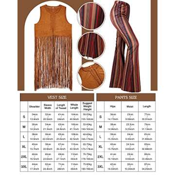 Haysandy 7 Pcs 60s 70s Outfits for Women Mardi Gras Cosplay Set Carnival Hippie Costume Set Fringe Vest Flared Pant Peace Sign(S)