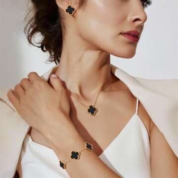 Mujahid Clover Jewelry Set,18K Gold Plated Lucky Clover Bracelet,Four Leaf Clover Necklace and Clover Earrings Fashion Jewelry Sets Gifts for Women (Gold-Black)