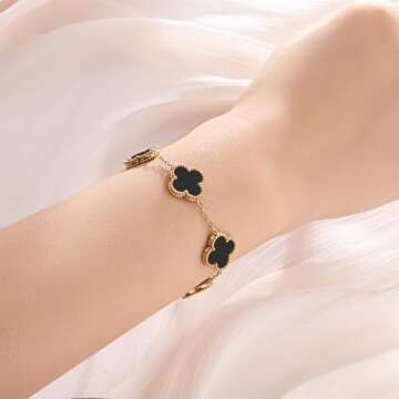 Mujahid Clover Jewelry Set,18K Gold Plated Lucky Clover Bracelet,Four Leaf Clover Necklace and Clover Earrings Fashion Jewelry Sets Gifts for Women (Gold-Black)