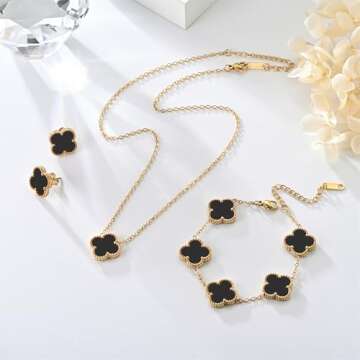 Mujahid Clover Jewelry Set,18K Gold Plated Lucky Clover Bracelet,Four Leaf Clover Necklace and Clover Earrings Fashion Jewelry Sets Gifts for Women (Gold-Black)