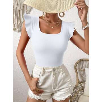 OQQ Women 2 Piece Bodysuits Sexy Ribbed Square Neck Ruffles Sleeve Stretch Fit Basic Tank Tops Bodysuits Fluorescent pink A White