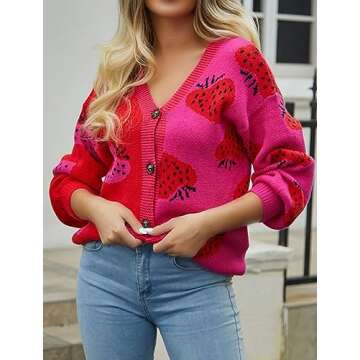 ECOWISH Women's Cardigans Sweaters Strawberry Print Long Sleeve Open Front Knit Cardigan Sweaters for Women 2024 Red L