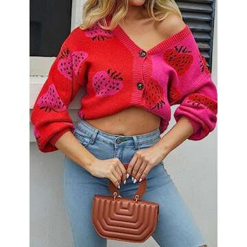 ECOWISH Women's Cardigans Sweaters Strawberry Print Long Sleeve Open Front Knit Cardigan Sweaters for Women 2024 Red L