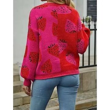 ECOWISH Women's Cardigans Sweaters Strawberry Print Long Sleeve Open Front Knit Cardigan Sweaters for Women 2024 Red L