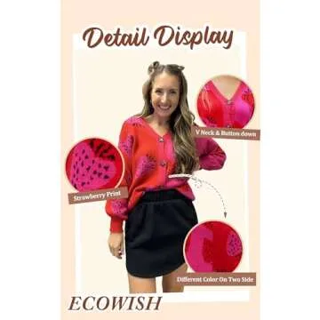 ECOWISH Women's Cardigans Sweaters Strawberry Print Long Sleeve Open Front Knit Cardigan Sweaters for Women 2024 Red L