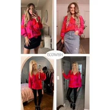 ECOWISH Women's Cardigans Sweaters Strawberry Print Long Sleeve Open Front Knit Cardigan Sweaters for Women 2024 Red L