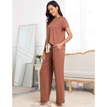 BAJAOEY Womens Pajama Sets 2 Pieces Lounge Sets for women Short Sleeve Top with Long Pajama Pants Soft Sleepwear Pj Sets M Red-brown