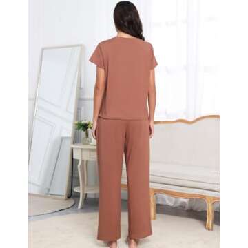 BAJAOEY Womens Pajama Sets 2 Pieces Lounge Sets for women Short Sleeve Top with Long Pajama Pants Soft Sleepwear Pj Sets M Red-brown