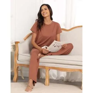 BAJAOEY Womens Pajama Sets 2 Pieces Lounge Sets for women Short Sleeve Top with Long Pajama Pants Soft Sleepwear Pj Sets M Red-brown
