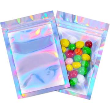 100 Pieces Resealable Odor Proof Bags Foil Pouch Bags Holographic Packaging Bags Foil Storage Bag for Food Storage(Holographic Color, 8 x 10 Inches)