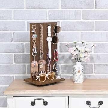 Elegant Wooden Rotating Jewelry Display Stand - 32 Hooks