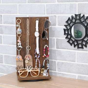 Elegant Wooden Rotating Jewelry Display Stand - 32 Hooks