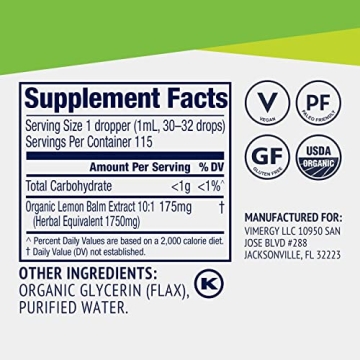 Vimergy Organic Lemon Balm – Stress Relief & Sleep Aid – 115 mL