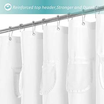 Mrs Awesome Water-Repellent Fabric Shower Curtain or Liner with 9 Handy Mesh Pockets, Premium Thick Cloth & Opaque, Washable, 71 x 72 inches, Rust Proof Grommets, White
