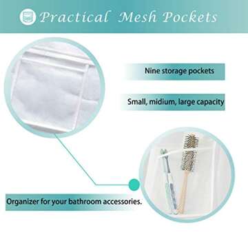 Mrs Awesome Water-Repellent Fabric Shower Curtain or Liner with 9 Handy Mesh Pockets, Premium Thick Cloth & Opaque, Washable, 71 x 72 inches, Rust Proof Grommets, White