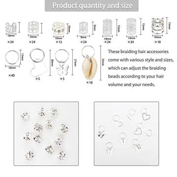 202 Pcs Hair Jewelry for Women Braids, Locs Jewelry Dreadlocks Beads Braid Rings Hair Cuffs Shells Heart Butterfly Pendants Hair Clips for Dreadlock Accessories (Silver)