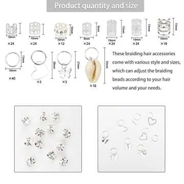 202 Pcs Hair Jewelry for Women Braids, Locs Jewelry Dreadlocks Beads Braid Rings Hair Cuffs Shells Heart Butterfly Pendants Hair Clips for Dreadlock Accessories (Silver)