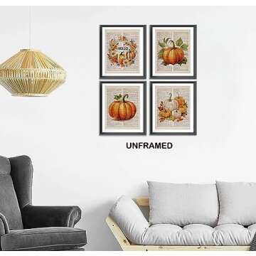 AEHIE Fall Wall Art - Hello Fall Poster Prints For Home Farmhouse Kitchen Living Room Decor, Retro A...