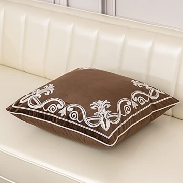Aeckself European Floral Pillow Cover 16x16 Inch, Luxury Velvet Embroidered Decorative Throw Pillow Cover for Couch Bedroom Living Room, Brown and White