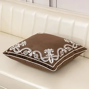 Aeckself European Floral Pillow Cover 16x16 Inch, Luxury Velvet Embroidered Decorative Throw Pillow Cover for Couch Bedroom Living Room, Brown and White