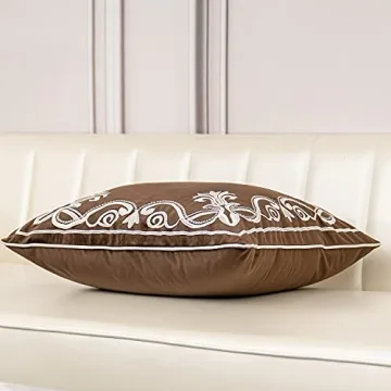 Aeckself European Floral Pillow Cover 16x16 Inch, Luxury Velvet Embroidered Decorative Throw Pillow Cover for Couch Bedroom Living Room, Brown and White