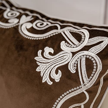 Aeckself European Floral Pillow Cover 16x16 Inch, Luxury Velvet Embroidered Decorative Throw Pillow Cover for Couch Bedroom Living Room, Brown and White