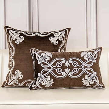Aeckself European Floral Pillow Cover 16x16 Inch, Luxury Velvet Embroidered Decorative Throw Pillow Cover for Couch Bedroom Living Room, Brown and White