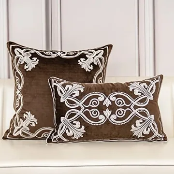 Aeckself European Floral Pillow Cover 16x16 Inch, Luxury Velvet Embroidered Decorative Throw Pillow Cover for Couch Bedroom Living Room, Brown and White