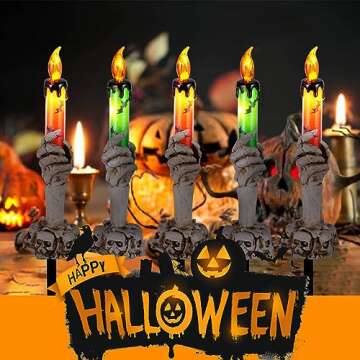 BRIGHTDECK Halloween Decorations, Lighted 5 Pack Skeleton Hands Holder Candle Lamp, Solar Halloween Pathway Lights, Waterproof Function Yard Stakes for Outdoor Halloween Decor
