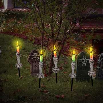 BRIGHTDECK Halloween Decorations, Lighted 5 Pack Skeleton Hands Holder Candle Lamp, Solar Halloween Pathway Lights, Waterproof Function Yard Stakes for Outdoor Halloween Decor