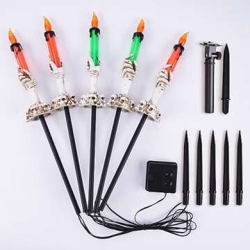 BRIGHTDECK Halloween Decorations, Lighted 5 Pack Skeleton Hands Holder Candle Lamp, Solar Halloween Pathway Lights, Waterproof Function Yard Stakes for Outdoor Halloween Decor