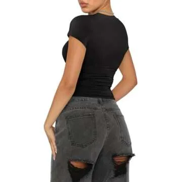 REORIA Women's Summer Casual Basic Mock Neck Short Sleeve Double Lined Going Out Trendy Y2K T Shirts Crop Tops Black Small