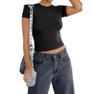 REORIA Women's Summer Casual Basic Mock Neck Short Sleeve Double Lined Going Out Trendy Y2K T Shirts Crop Tops Black Small