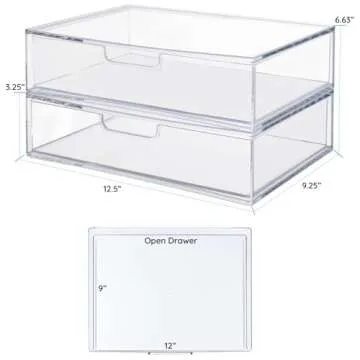 STORi Sofia 12.5” Wide Clear Stackable Open Storage Drawers, 2 Pack Plastic Organizer Bins for Makeup Palettes, Cosmetics, and Beauty Supplies, For Vanity, Bathroom, Desk Organization, Made in USA