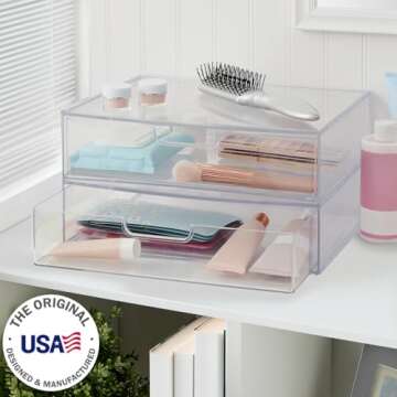 STORi Sofia 12.5” Wide Clear Stackable Open Storage Drawers, 2 Pack Plastic Organizer Bins for Makeup Palettes, Cosmetics, and Beauty Supplies, For Vanity, Bathroom, Desk Organization, Made in USA