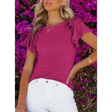SHEWIN Womens Shirts Summer Ruffle Sleeve Crewneck Cute Ladies Tops and Blouses Rose XL