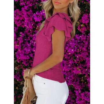 SHEWIN Womens Shirts Summer Ruffle Sleeve Crewneck Cute Ladies Tops and Blouses Rose XL